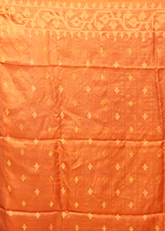 Orange Handloom Tussar Pure Silk Saree With Blouse Piece