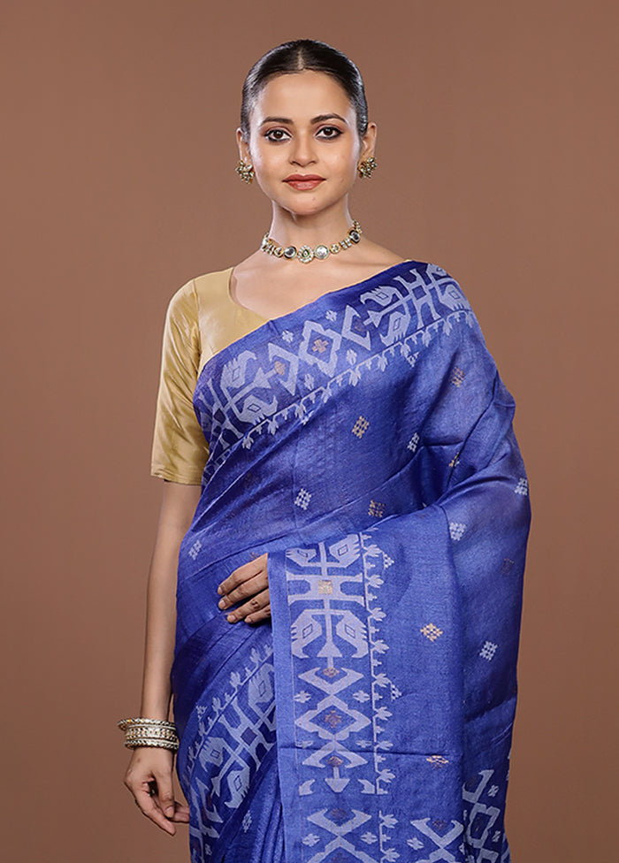Blue Handloom Tussar Pure Silk Saree With Blouse Piece