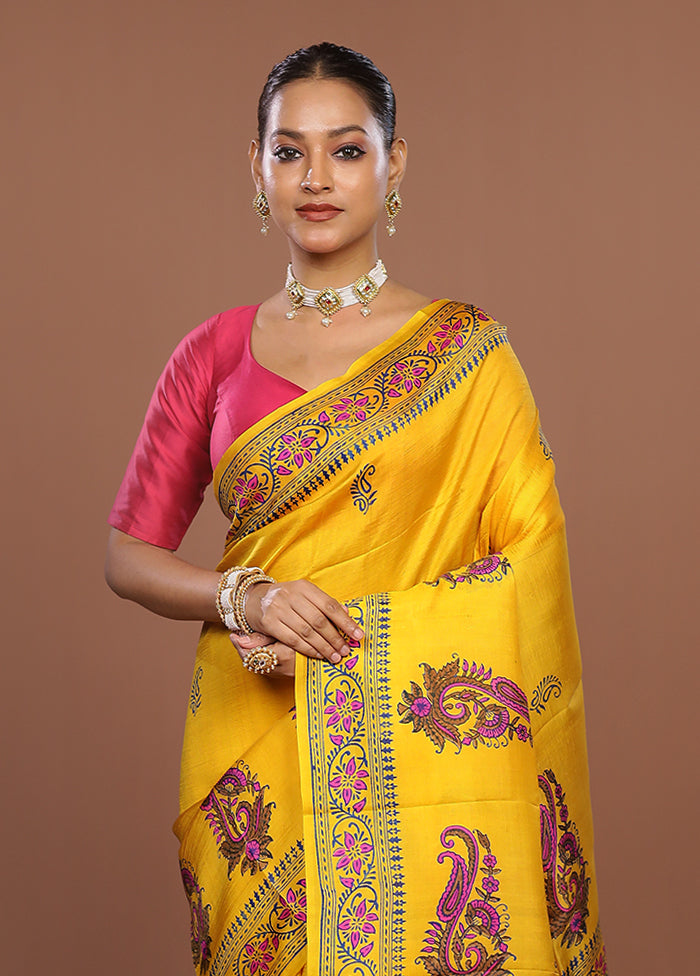 Yellow Printed Pure Silk Saree Without Blouse Piece