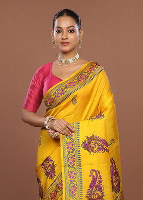 Yellow Printed Pure Silk Saree Without Blouse Piece