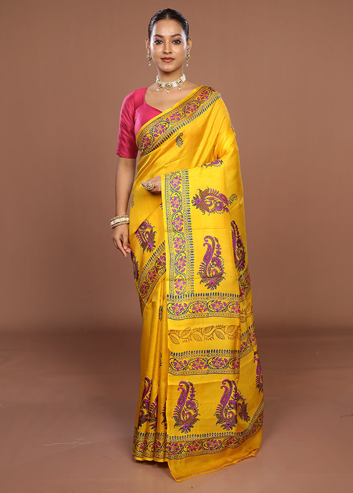 Yellow Printed Pure Silk Saree Without Blouse Piece