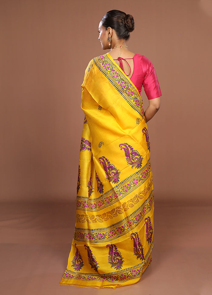 Yellow Printed Pure Silk Saree Without Blouse Piece