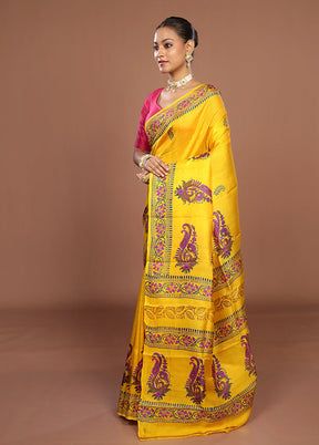 Yellow Printed Pure Silk Saree Without Blouse Piece