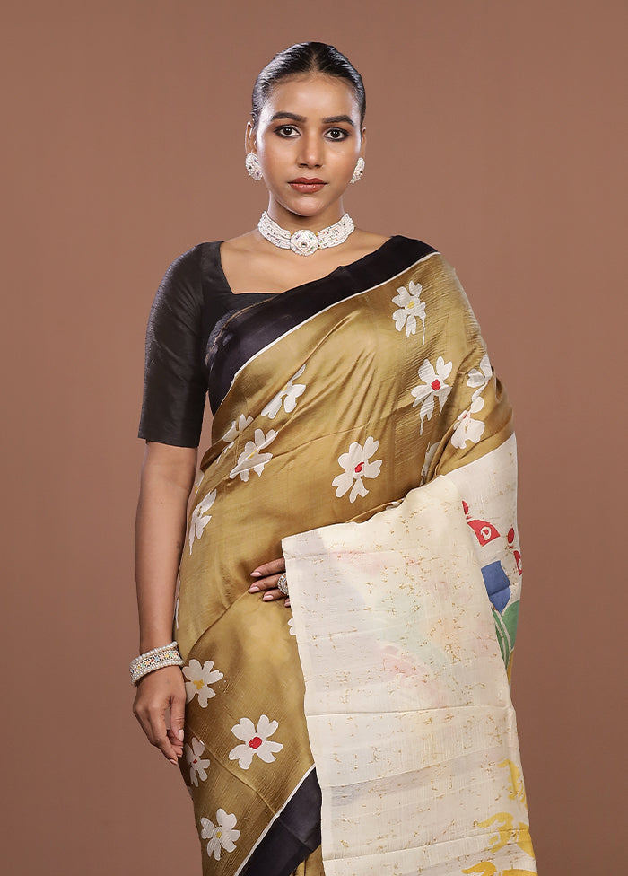 Cream Printed Pure Silk Saree Without Blouse Piece