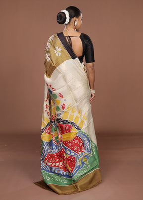 Cream Printed Pure Silk Saree Without Blouse Piece