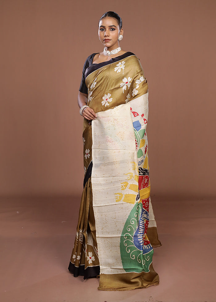 Cream Printed Pure Silk Saree Without Blouse Piece