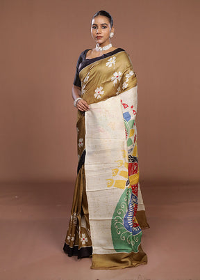 Cream Printed Pure Silk Saree Without Blouse Piece
