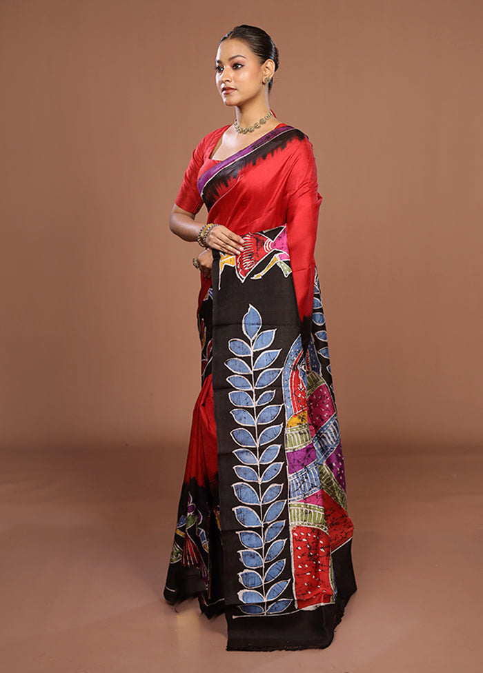 Black Printed Pure Silk Saree Without Blouse Piece