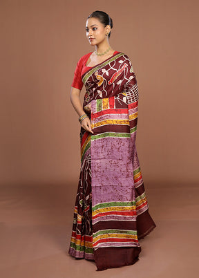 Maroon Printed Pure Silk Saree Without Blouse Piece