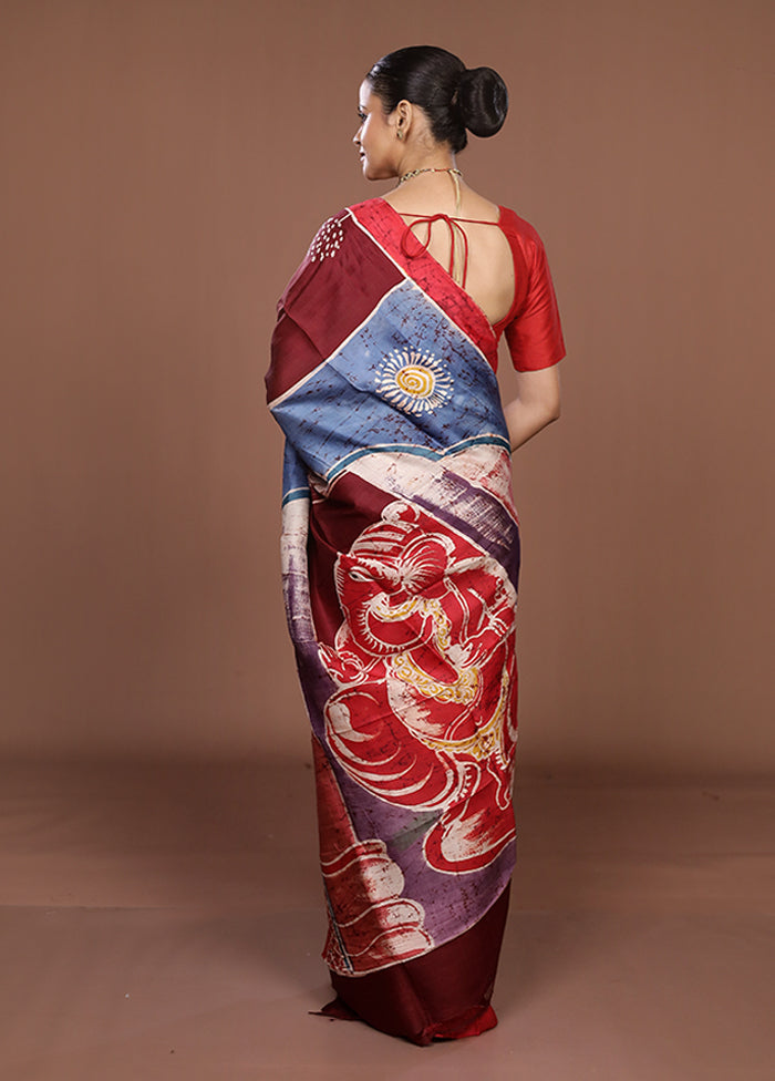 Purple Printed Pure Silk Saree Without Blouse Piece