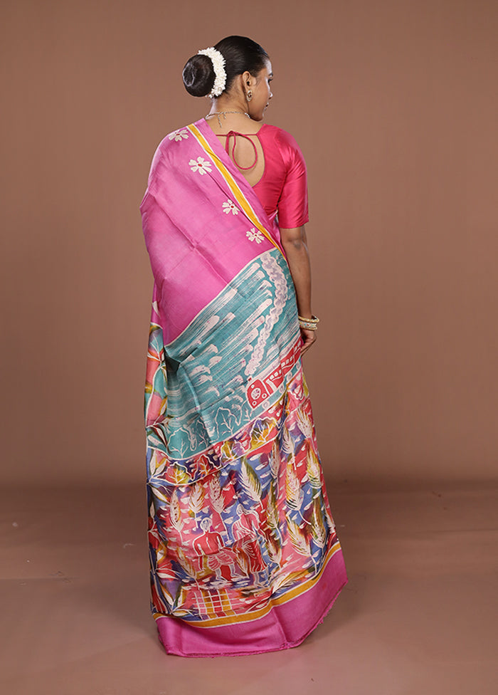 Pink Printed Pure Silk Saree Without Blouse Piece