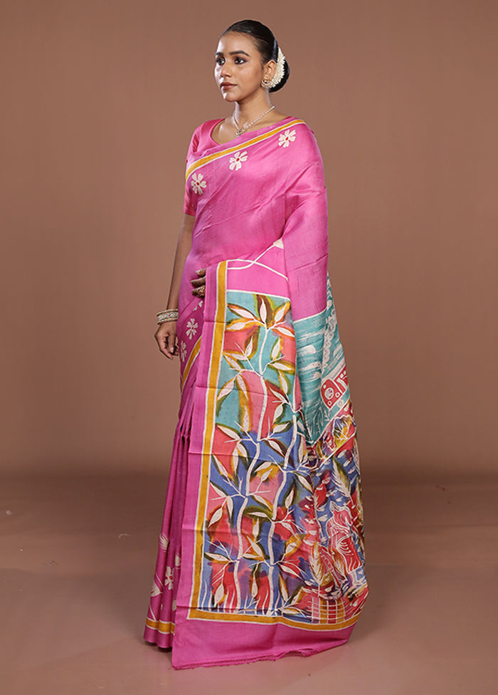 Pink Printed Pure Silk Saree Without Blouse Piece
