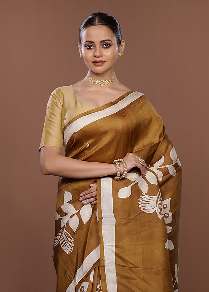 Cream Printed Pure Silk Saree Without Blouse Piece