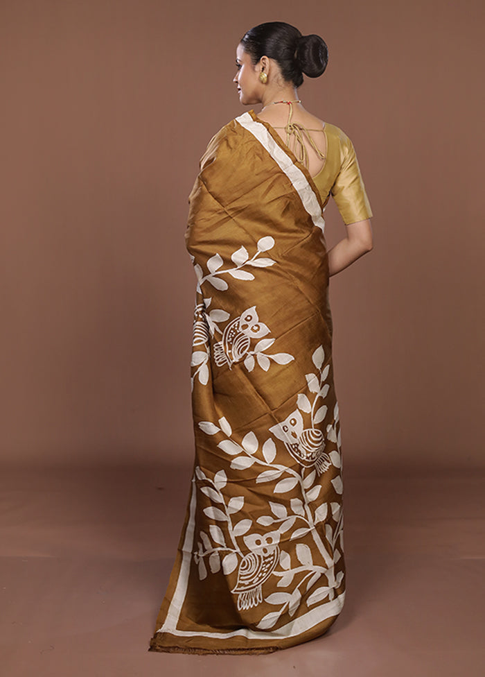 Cream Printed Pure Silk Saree Without Blouse Piece