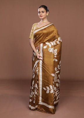 Cream Printed Pure Silk Saree Without Blouse Piece