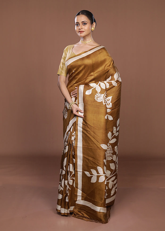 Cream Printed Pure Silk Saree Without Blouse Piece
