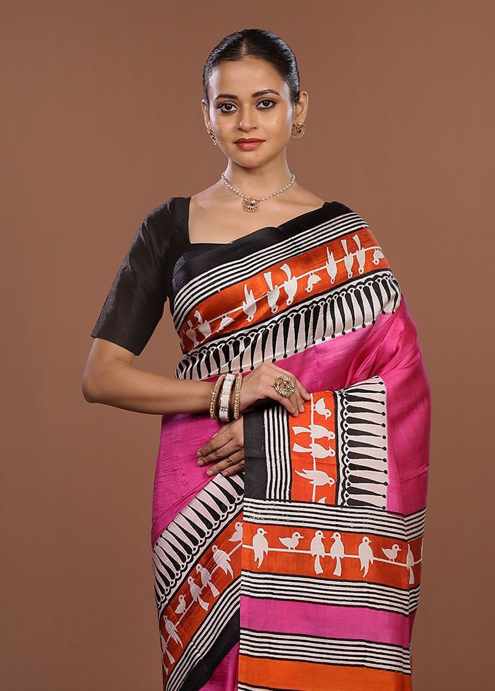 Pink Printed Pure Silk Saree Without Blouse Piece