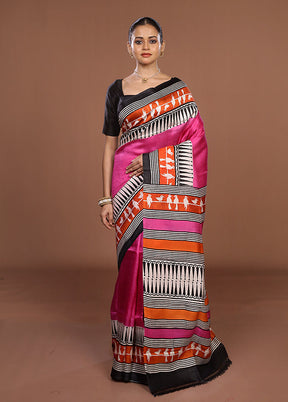 Pink Printed Pure Silk Saree Without Blouse Piece