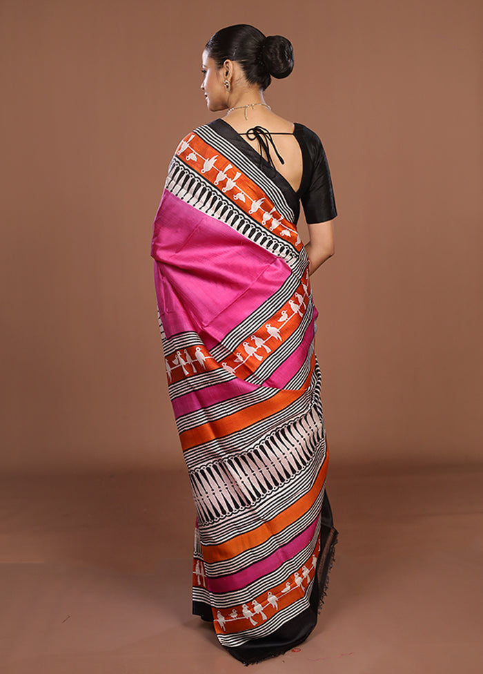 Pink Printed Pure Silk Saree Without Blouse Piece