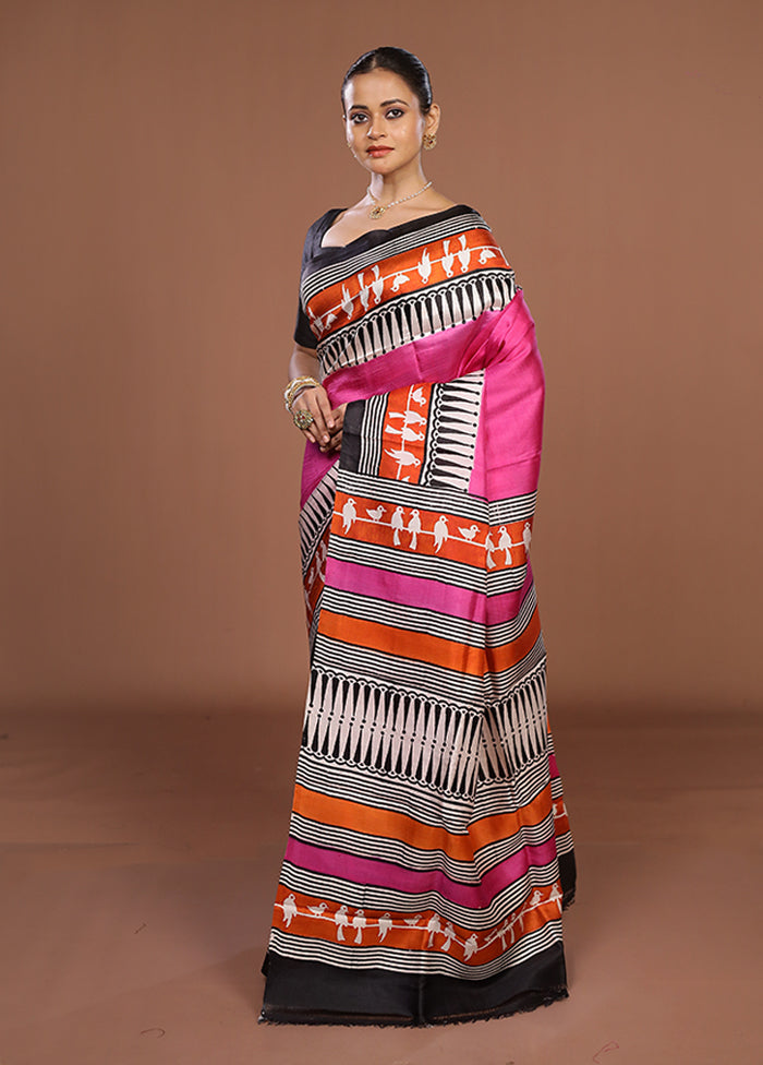 Pink Printed Pure Silk Saree Without Blouse Piece