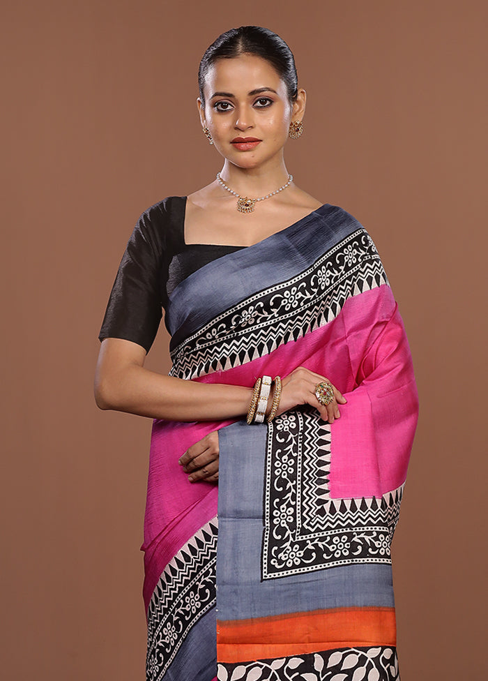 Pink Printed Pure Silk Saree Without Blouse Piece