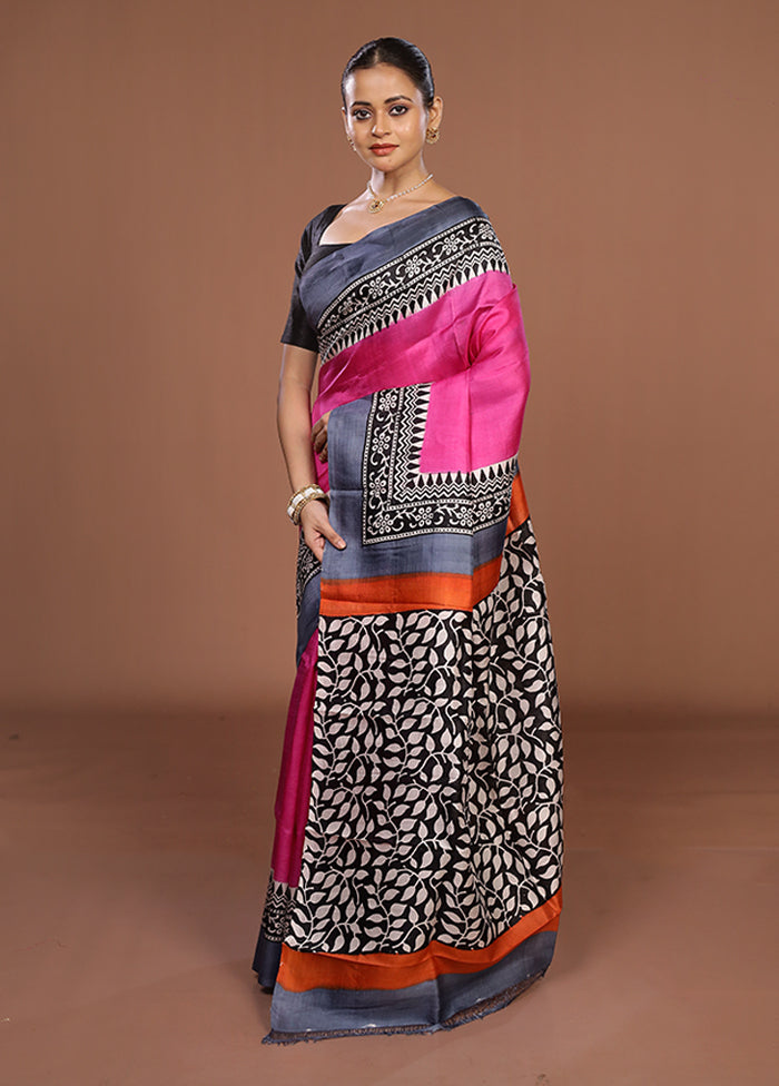 Pink Printed Pure Silk Saree Without Blouse Piece