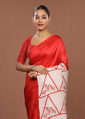 Red Printed Pure Silk Saree Without Blouse Piece