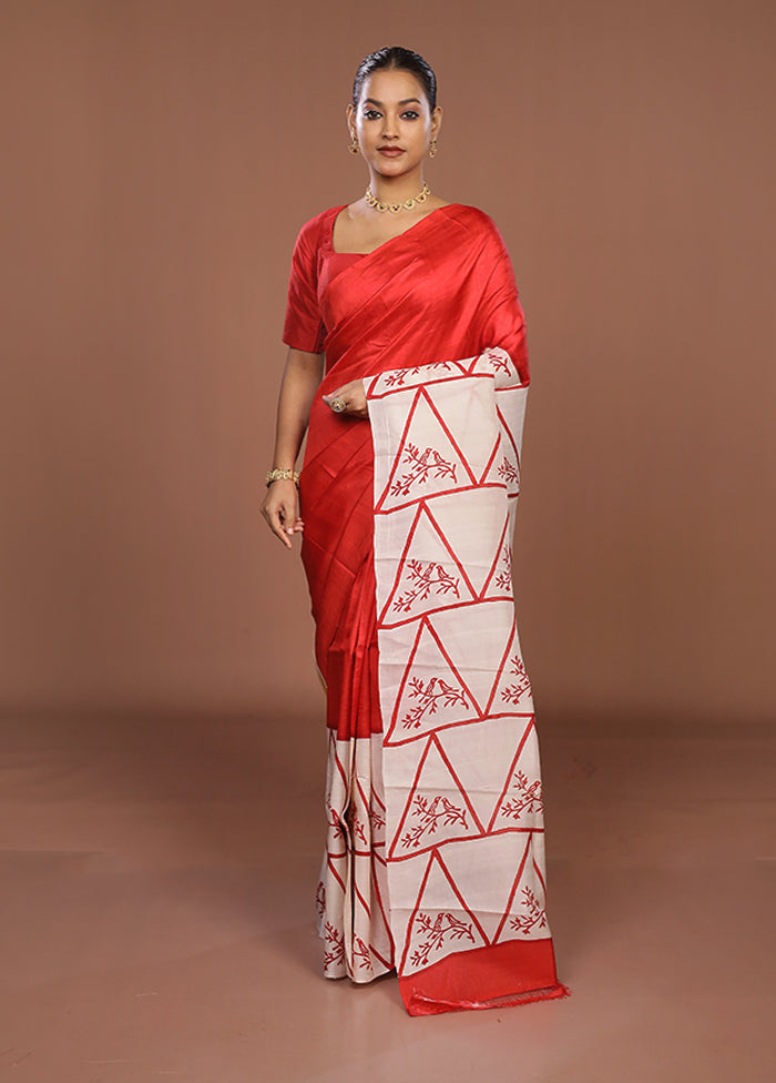 Red Printed Pure Silk Saree Without Blouse Piece