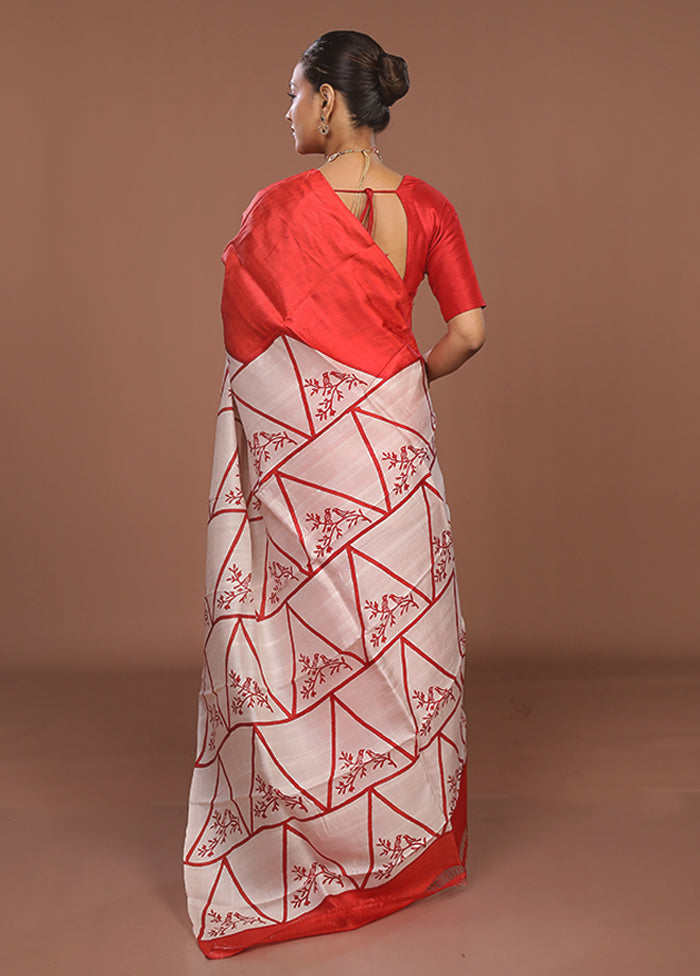 Red Printed Pure Silk Saree Without Blouse Piece