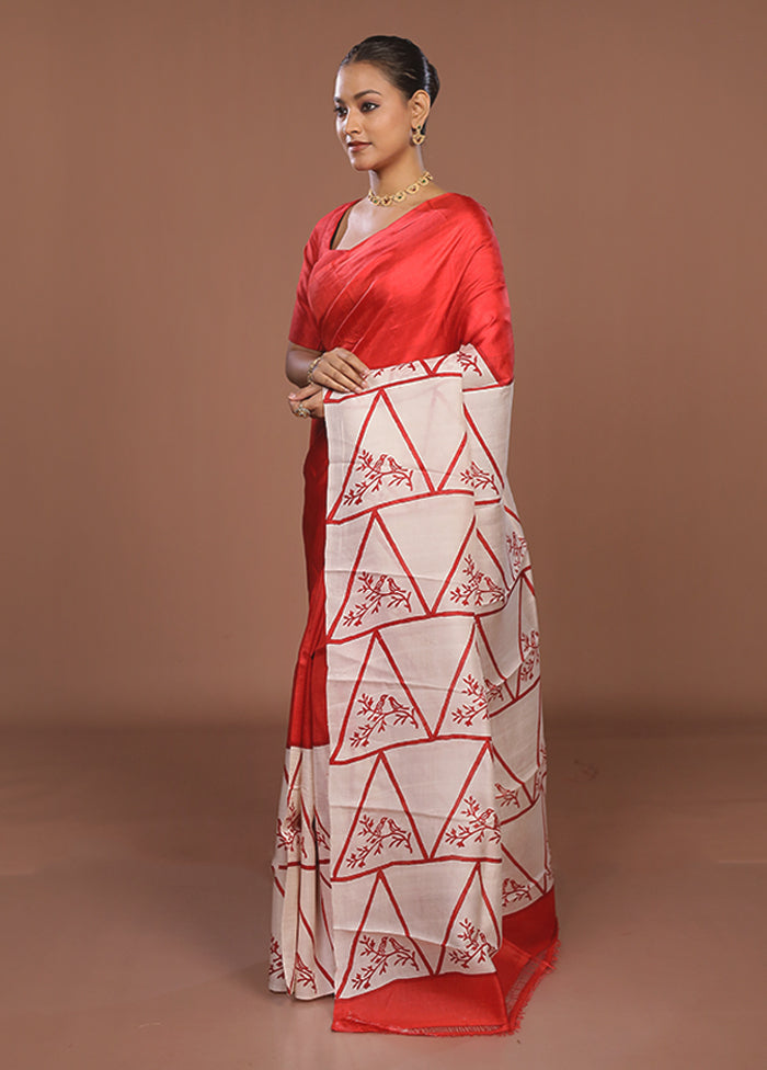 Red Printed Pure Silk Saree Without Blouse Piece
