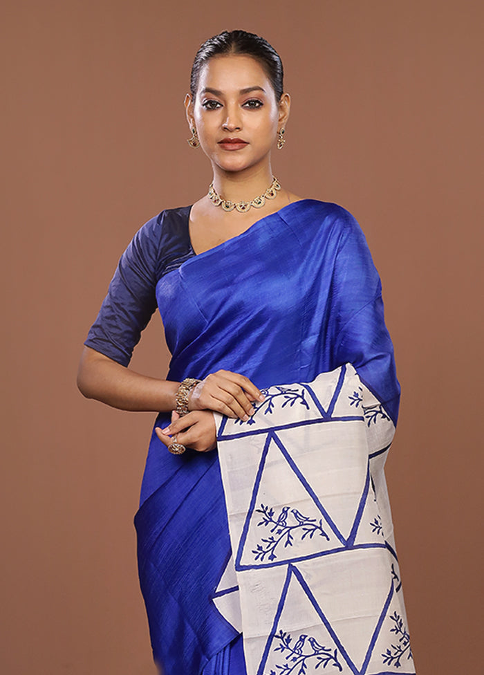 Blue Printed Pure Silk Saree Without Blouse Piece