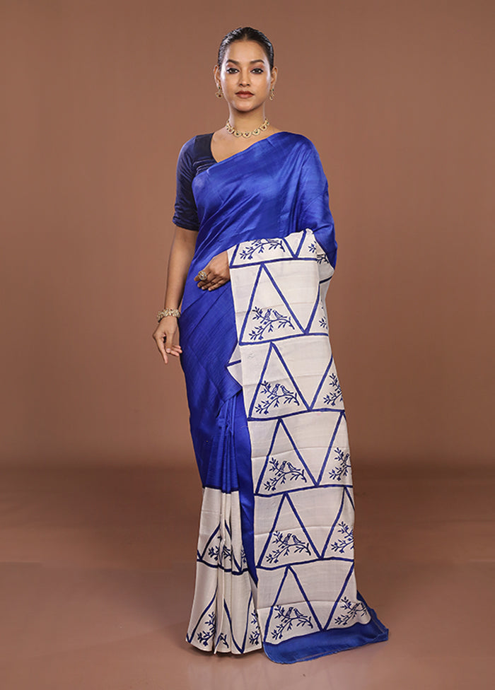 Blue Printed Pure Silk Saree Without Blouse Piece