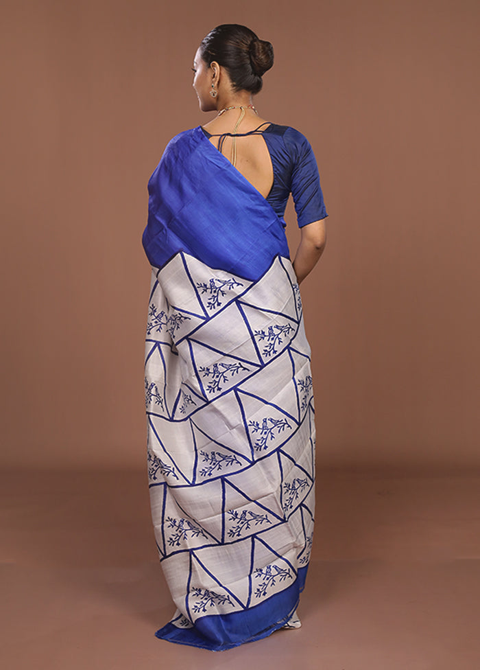 Blue Printed Pure Silk Saree Without Blouse Piece
