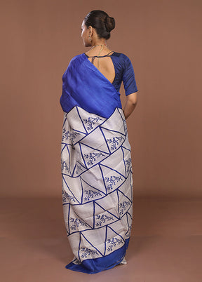 Blue Printed Pure Silk Saree Without Blouse Piece