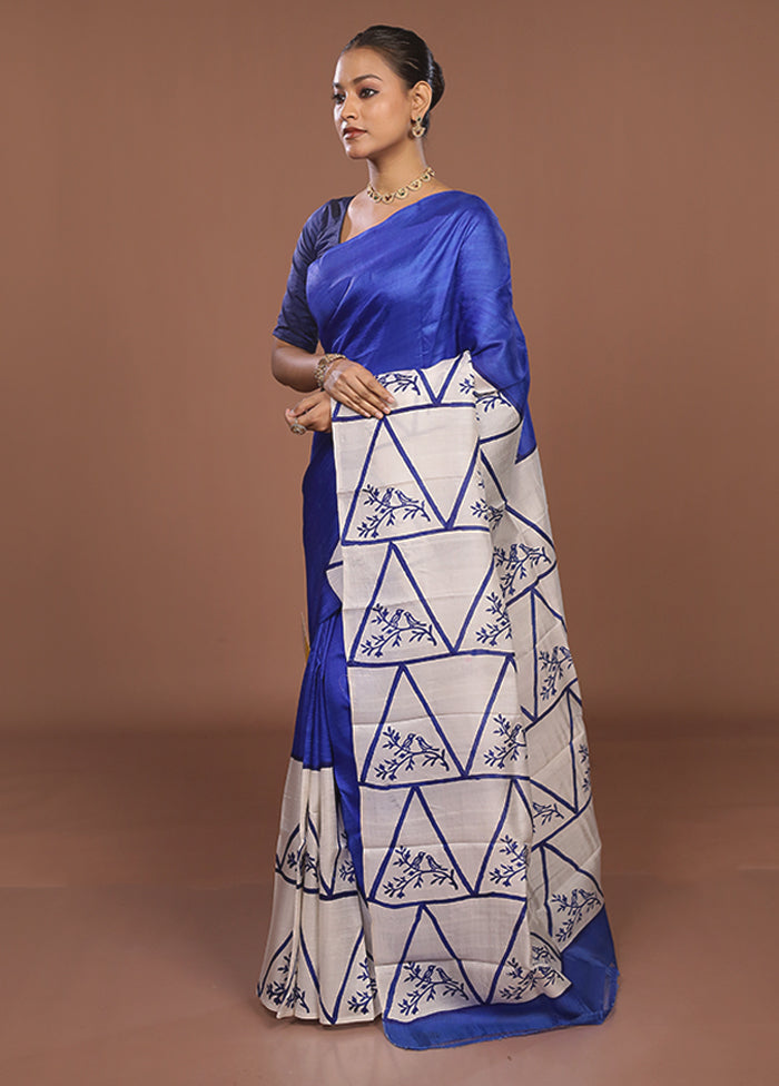 Blue Printed Pure Silk Saree Without Blouse Piece