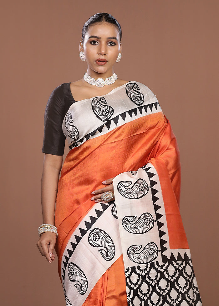 Rust Printed Pure Silk Saree Without Blouse Piece