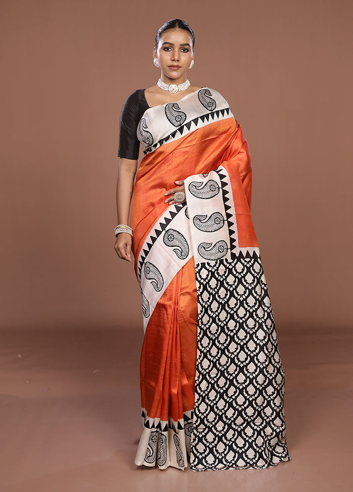 Rust Printed Pure Silk Saree Without Blouse Piece