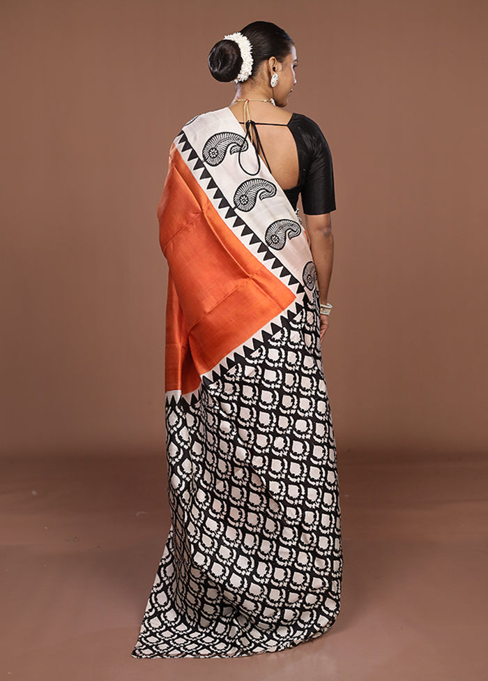 Rust Printed Pure Silk Saree Without Blouse Piece