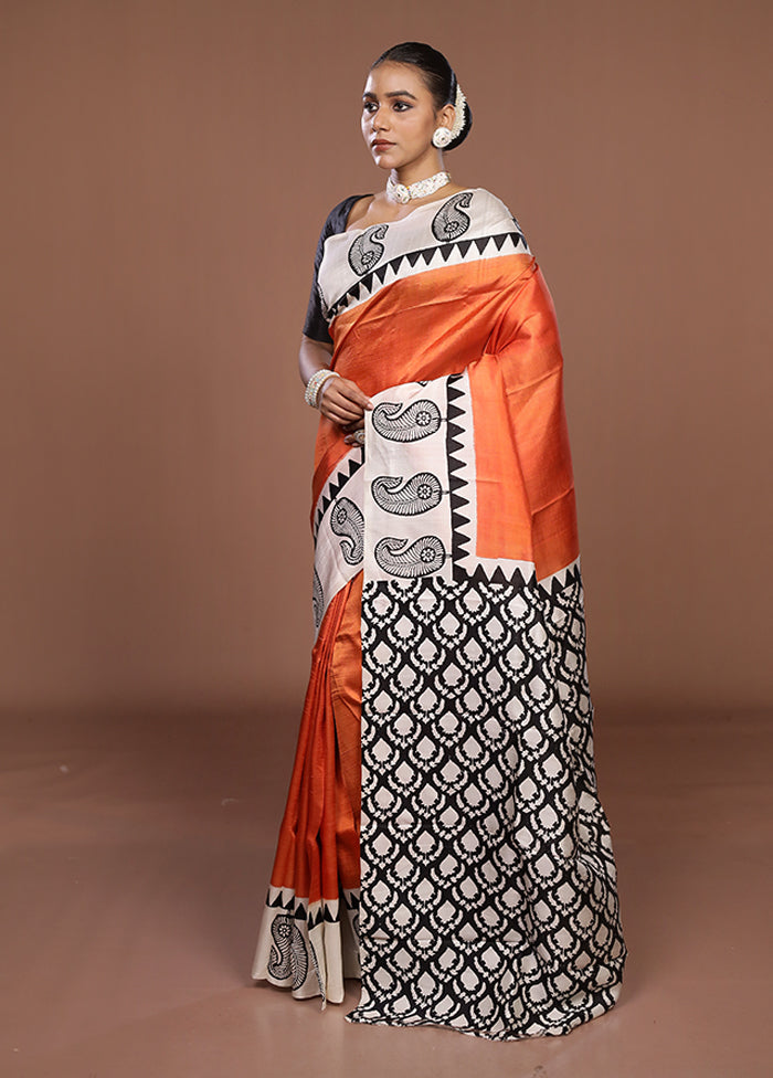 Rust Printed Pure Silk Saree Without Blouse Piece