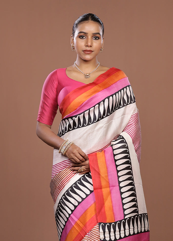 Cream Printed Pure Silk Saree Without Blouse Piece