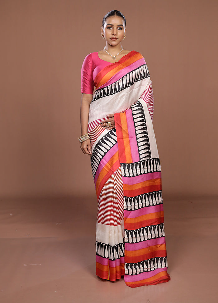 Cream Printed Pure Silk Saree Without Blouse Piece