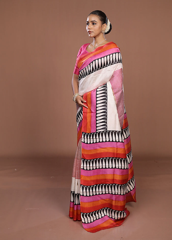 Cream Printed Pure Silk Saree Without Blouse Piece