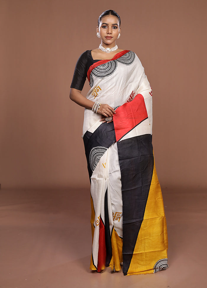 Cream Printed Pure Silk Saree Without Blouse Piece