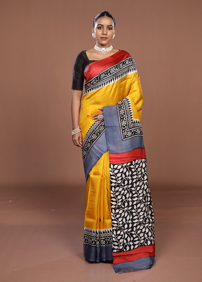 Yellow Printed Pure Silk Saree Without Blouse Piece