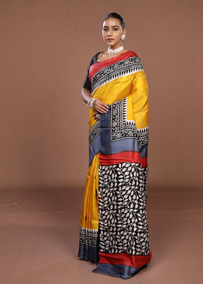 Yellow Printed Pure Silk Saree Without Blouse Piece