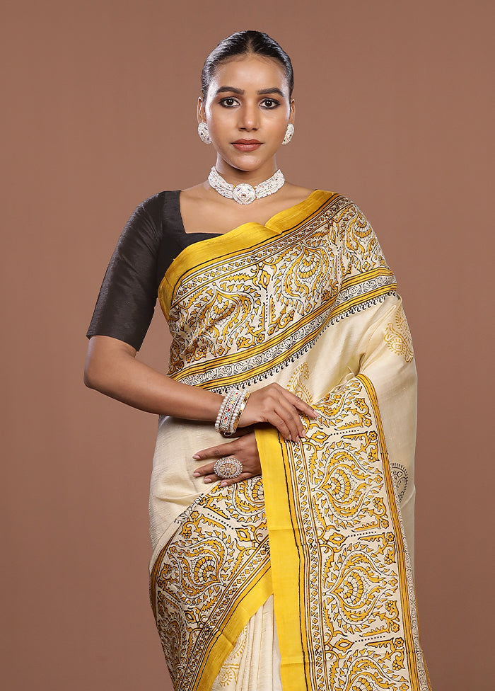 Cream Printed Pure Silk Saree Without Blouse Piece