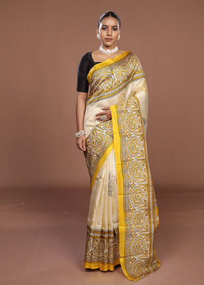 Cream Printed Pure Silk Saree Without Blouse Piece