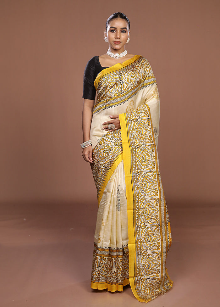 Cream Printed Pure Silk Saree Without Blouse Piece