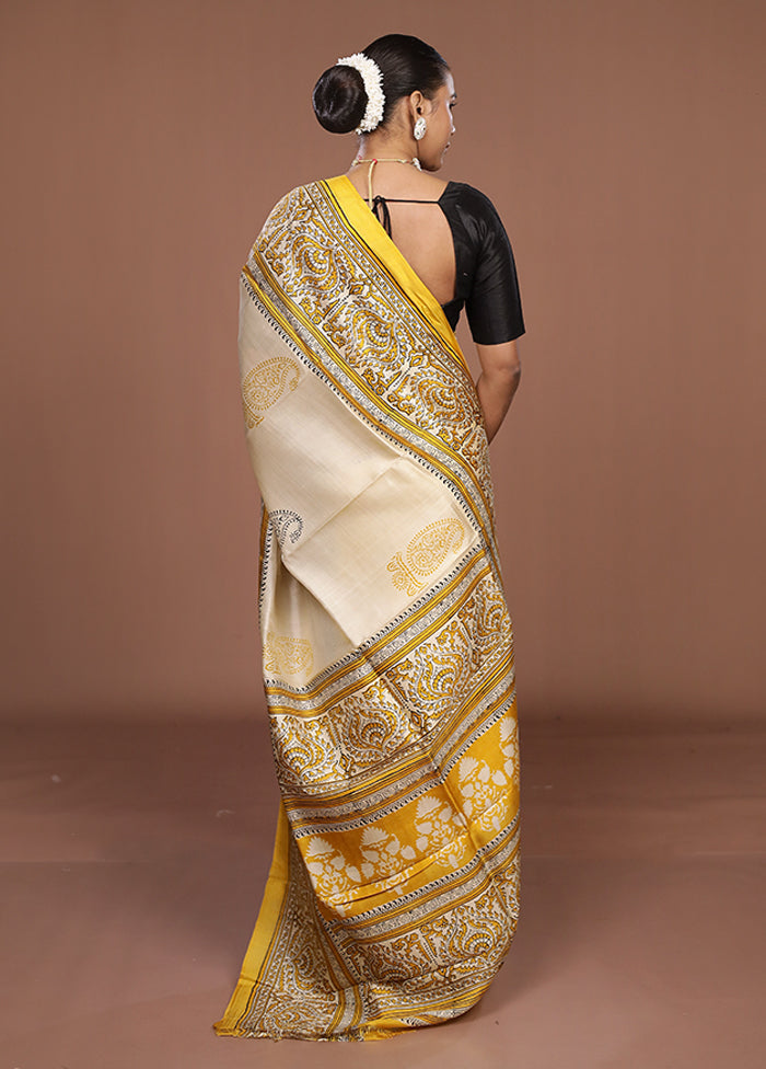 Cream Printed Pure Silk Saree Without Blouse Piece
