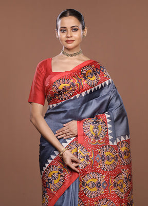Grey Printed Pure Silk Saree Without Blouse Piece